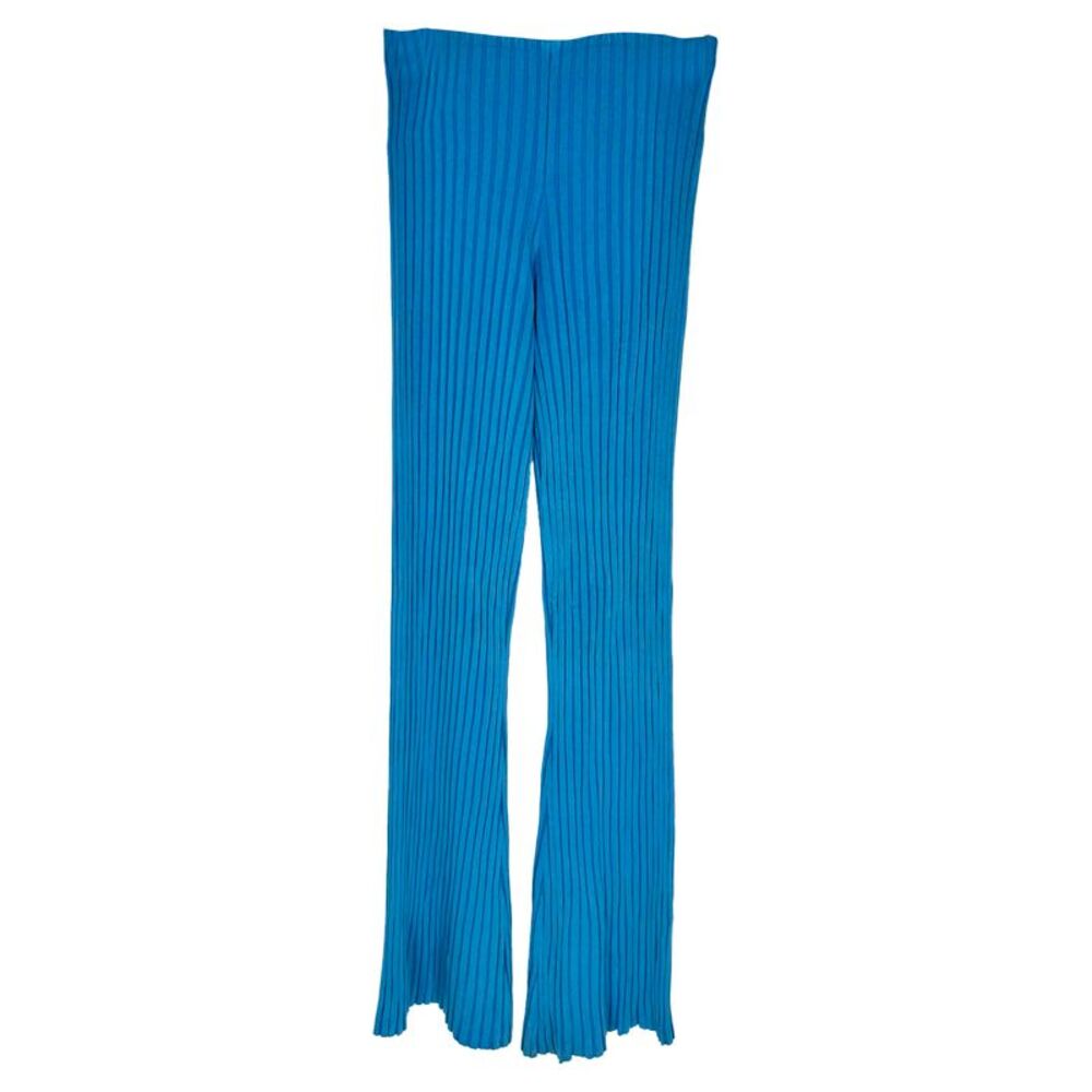 Galvan London Rhea Ribbed-Knit Flared Trousers in Blue Viscose